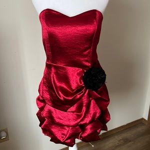 Red strapless satin mini dress!